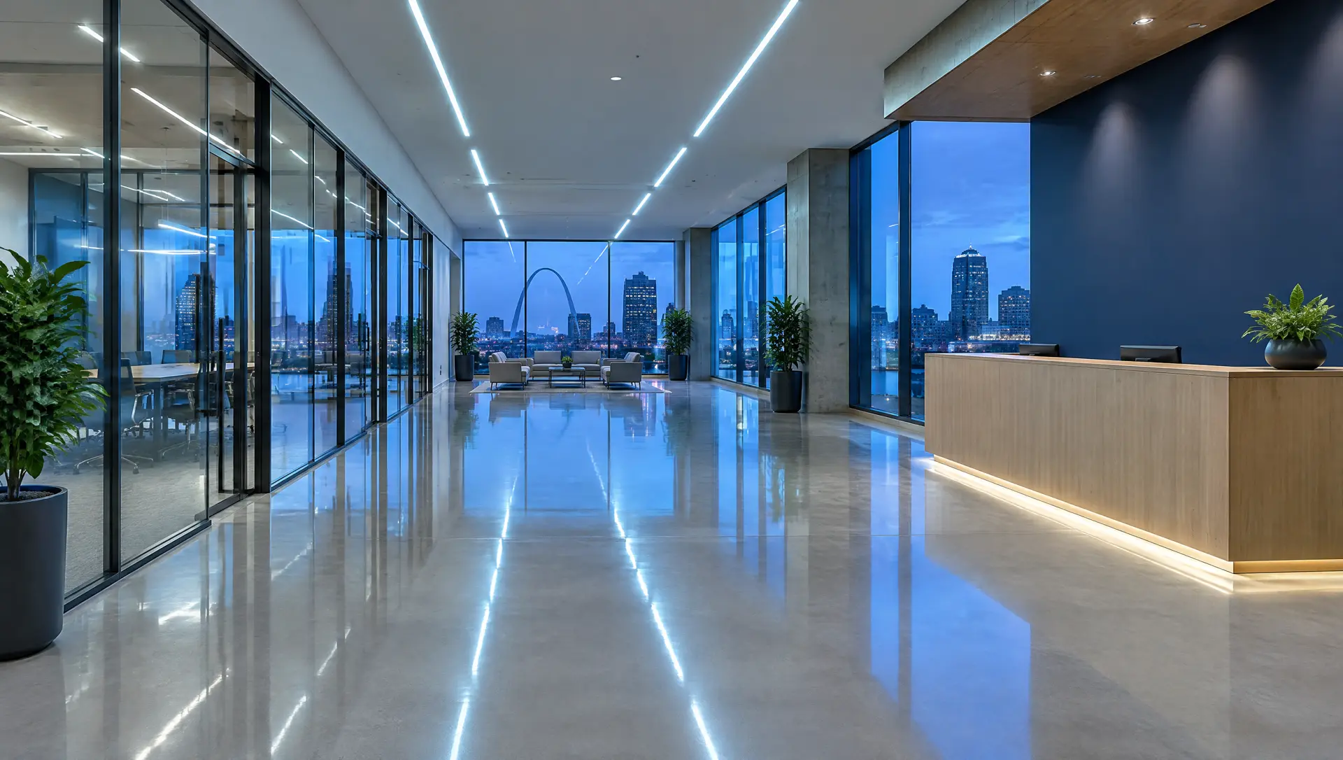 A finished office lobby after cleaning: polished concrete floor reflecting the lights, clear glass, the Arch through the windows