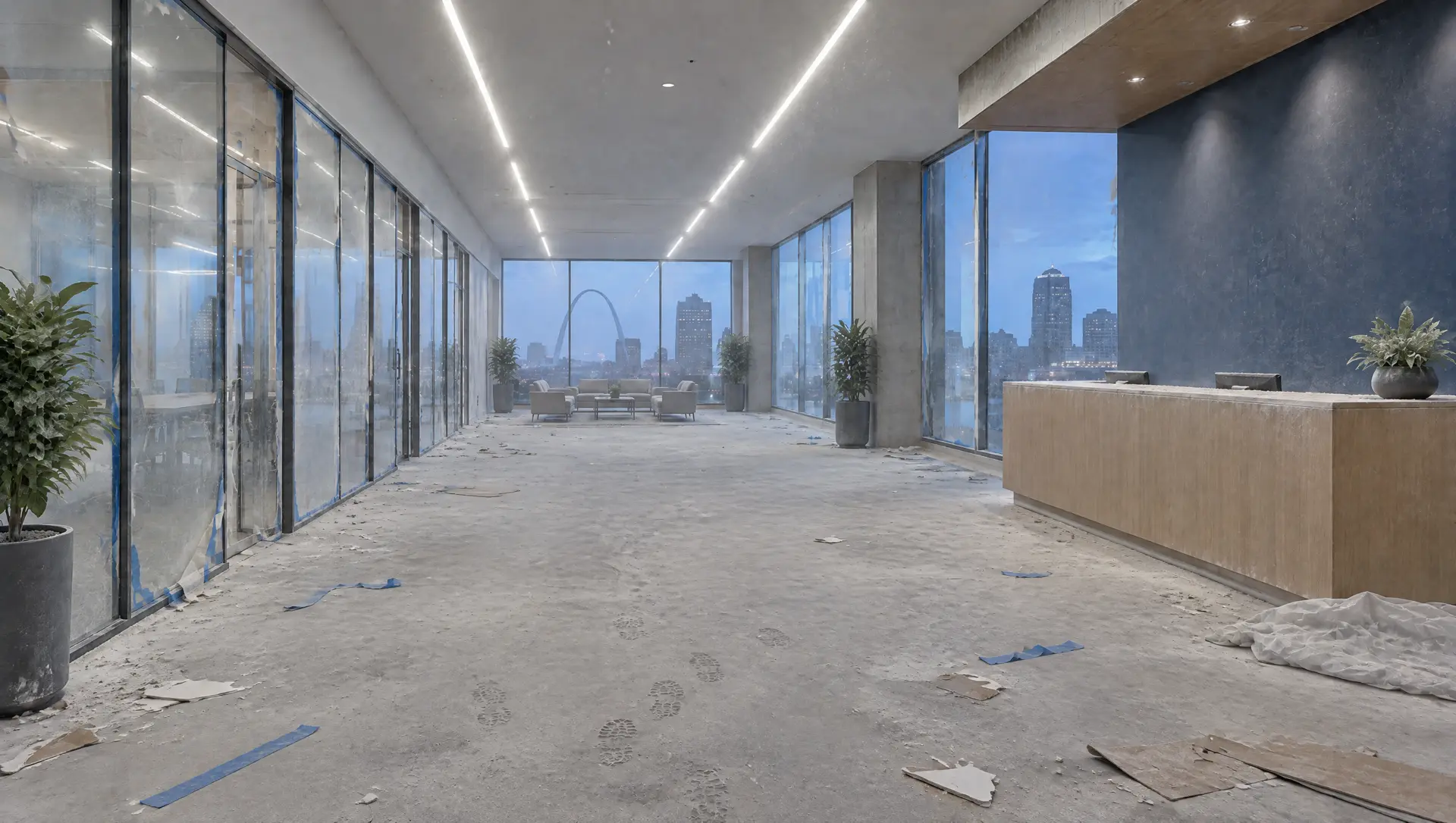 The same lobby the day contractors finished: dusty floor with boot prints, tape, and scraps